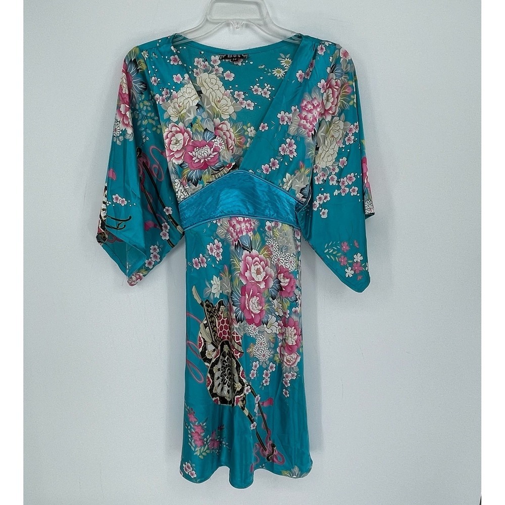 Mas Women's Teal Floral Kimono Style V-Neck Mini Dress Size 34 Small